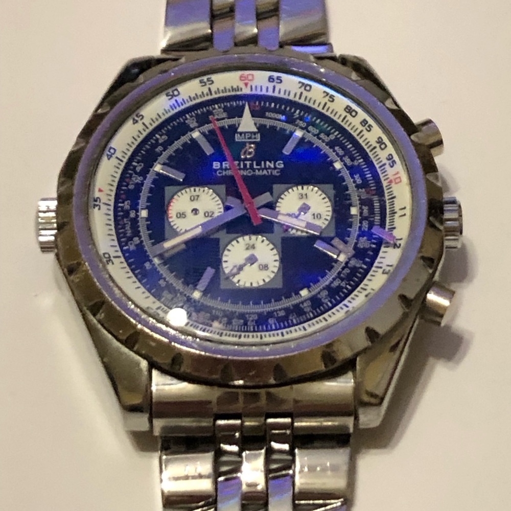 Breitling Chrono-matic Mens Blue Face 48mm Watch With Stainless Steel Strap